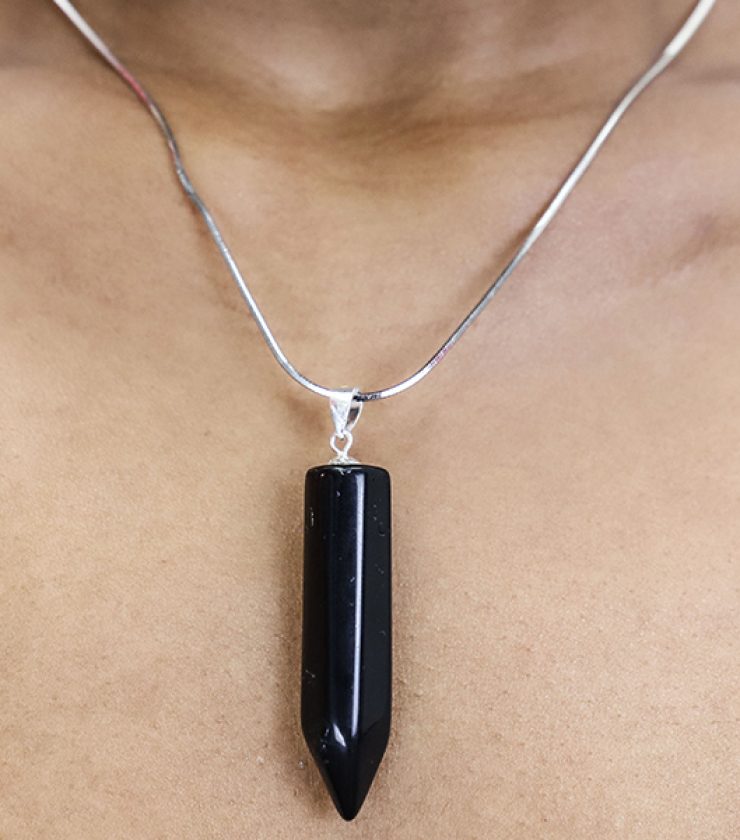 Black obsidian pendant with 925 sterling silver necklace