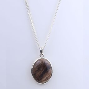 Petrified wood pendant with 925 sterling silver necklace